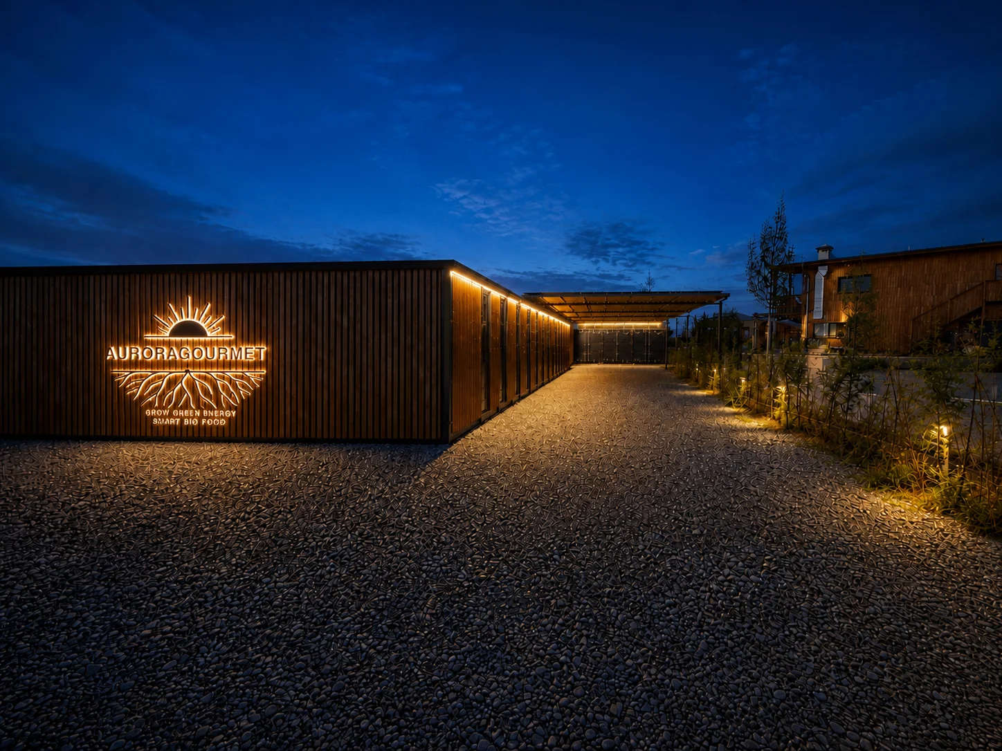 Visualisierung des Aurora Containerparks mit einer Reihe holzverkleideter Container und beleuchtetem Hof